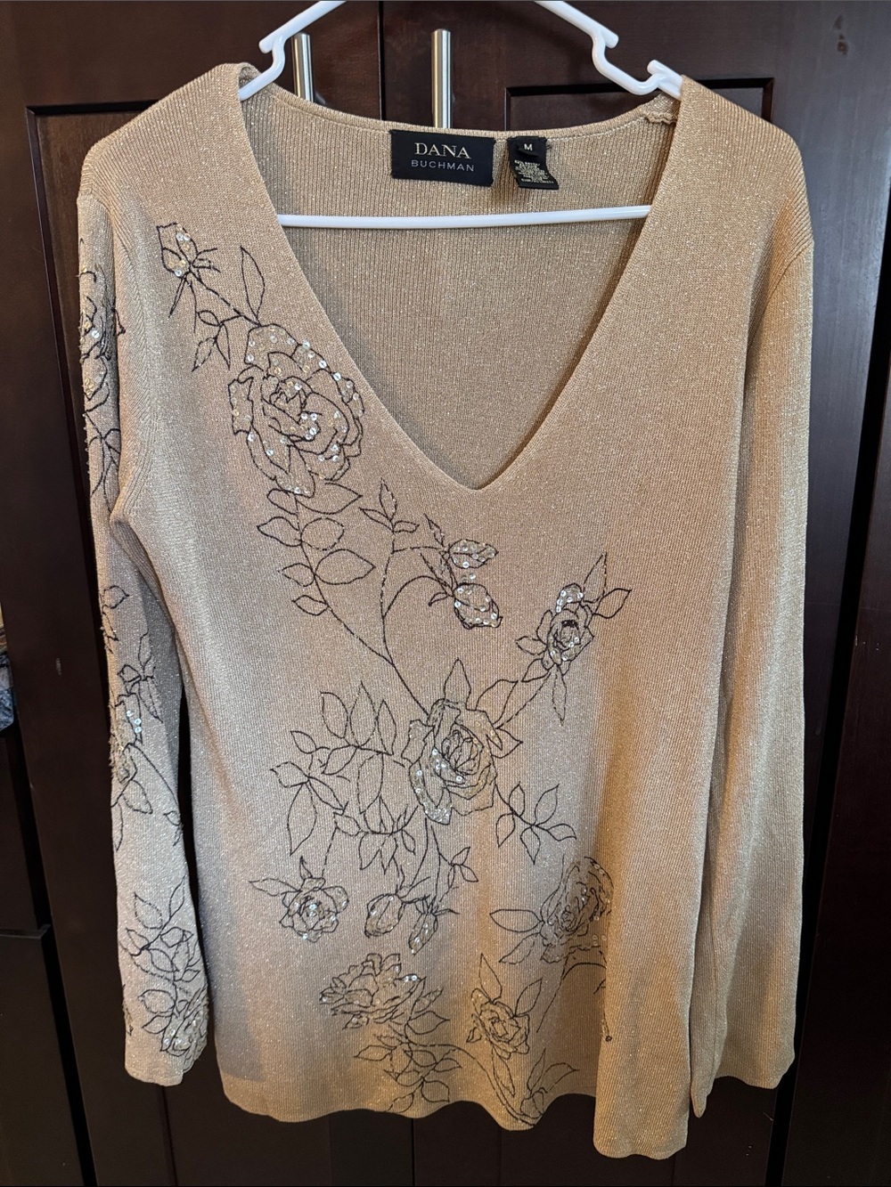 Dana Buchman Gold Embellished‎ V-Neck Sweater